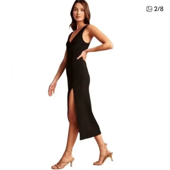 Abercrombie & Fitch Plunge V-Neck Midi Dress Sleeveless Side Slit Crepe Black, S - Picture 2 of 12